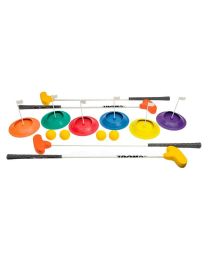 Conjunto hoyos, palos y bolas de golf