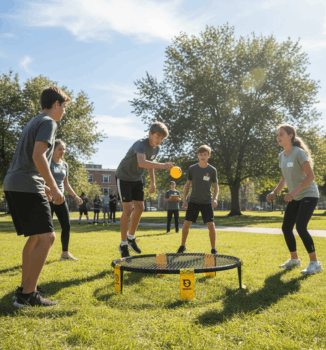 Alumnos practicando Spikeball durante la clase de Educación Física