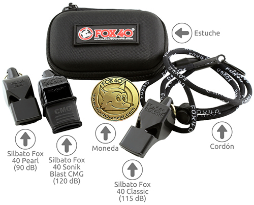 Componentes pack 3 silbatos Fox 40 con estuche y moneda