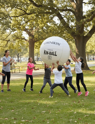 Grupo de estudiantes practicando Kin-Ball al aire libre en primavera