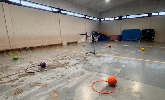 Niños practicando el lanzamiento con una canasta de minibasket